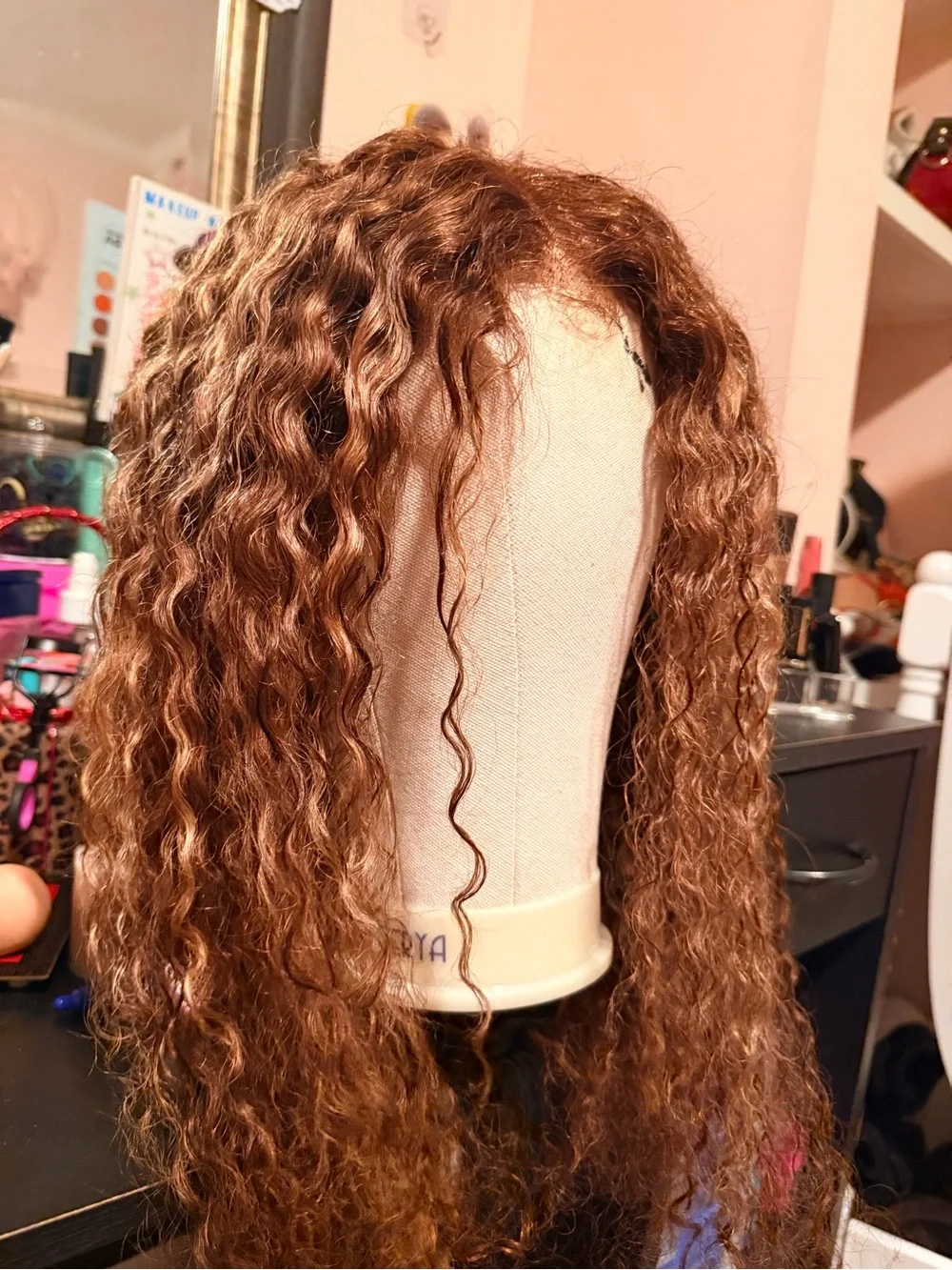 Natural Curly Lace Long Wig in Auburn Brown Precut